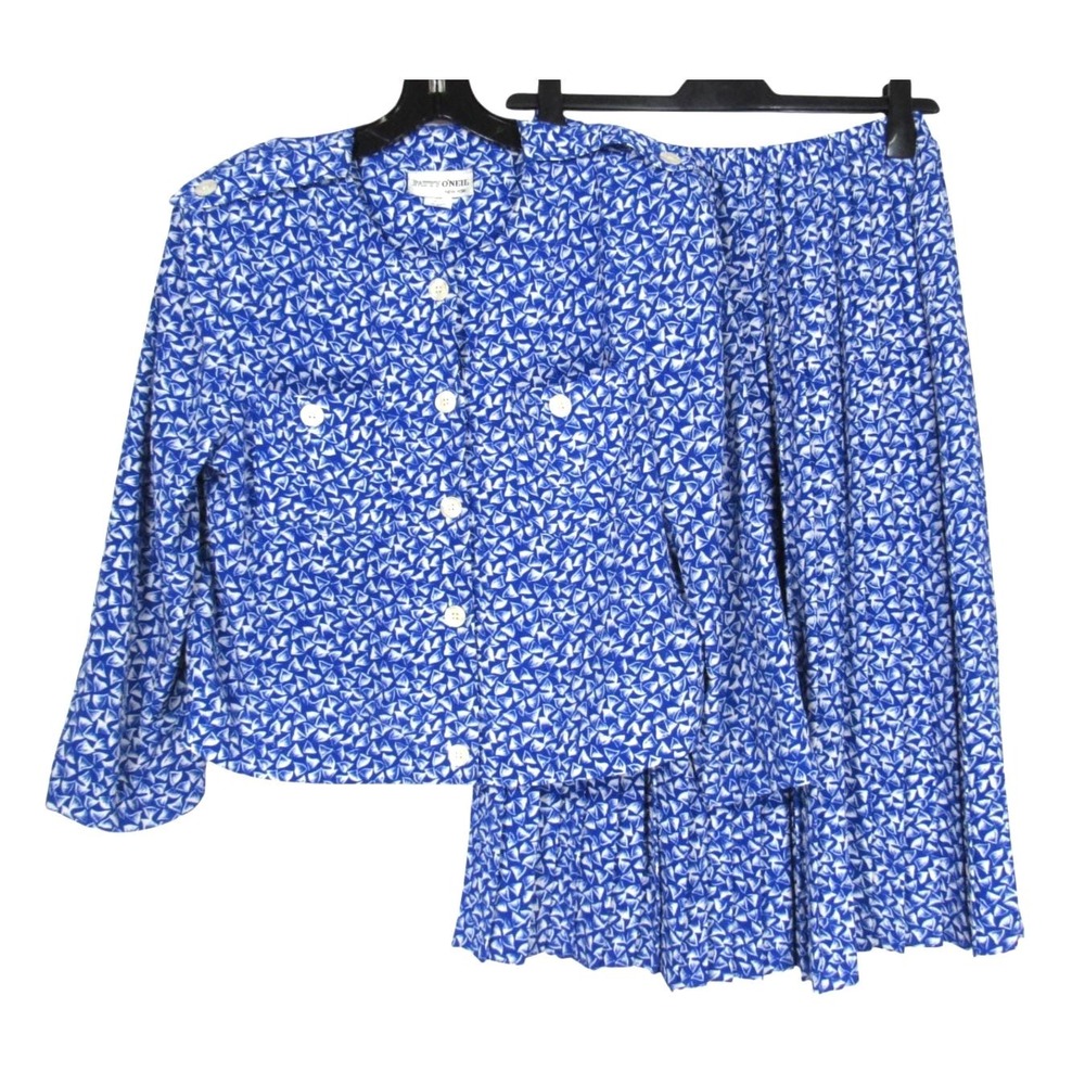 Vtg Patty O'Neil 2-Pc Royal Blue SATIN Button-Up SHIRT/SKIRT Outfit Set Sz 14